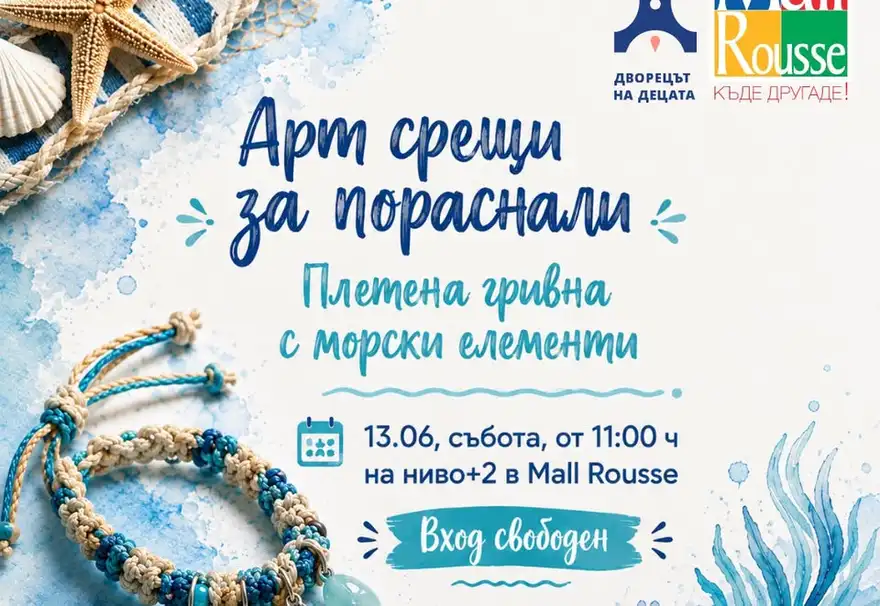 Плакат с плетена гривна в сини тонове, морски звезди и раковини