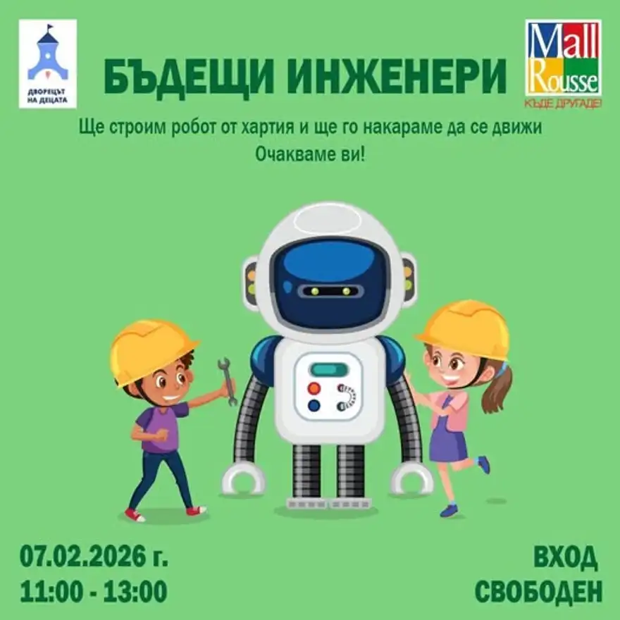 Плакат със зелен фон: бял рисуван робот, а от двете му страни момче и момиче с жълти каски.