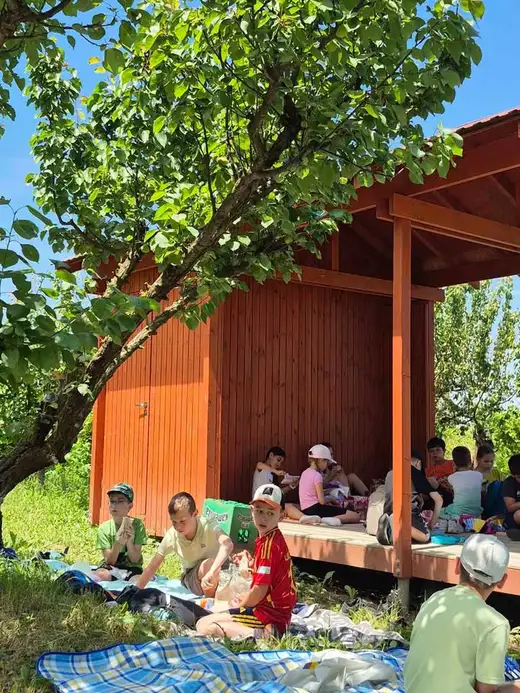 Дървена беседка сред овощни дървета, под нея деца на одеяла