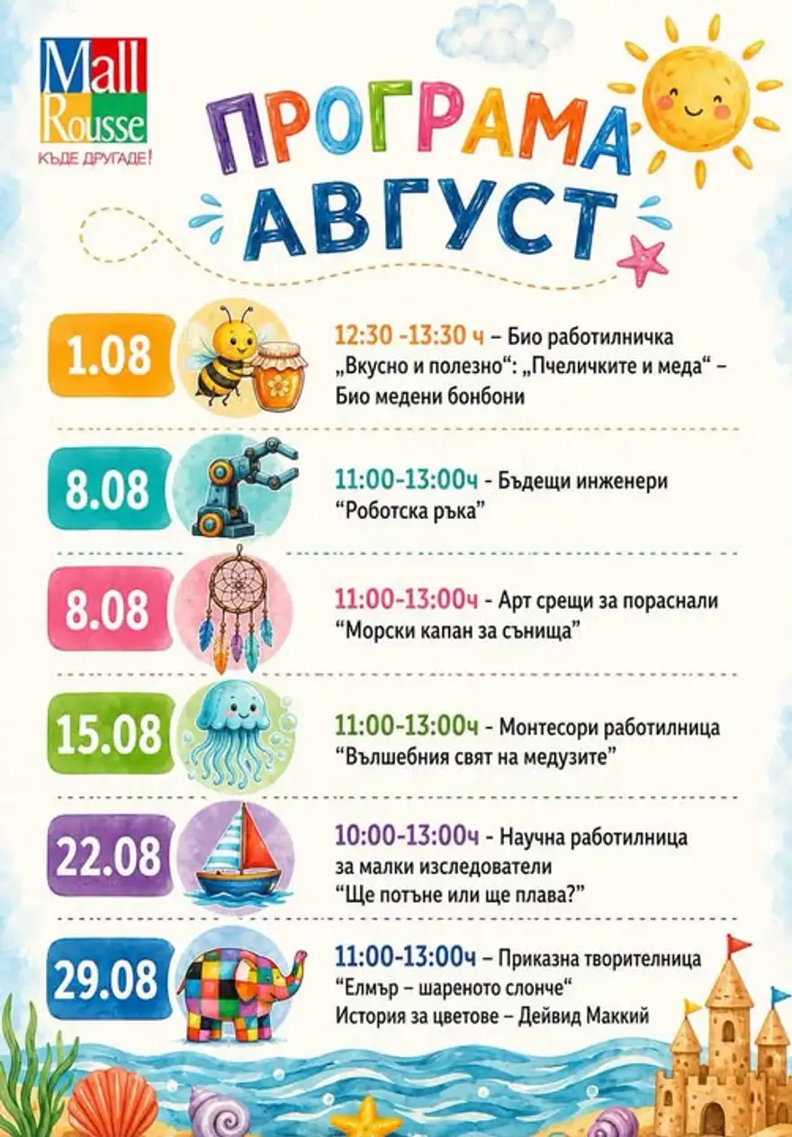 Плакат „Програма август“ на Mall Rousse със списък на работилниците и датите им.