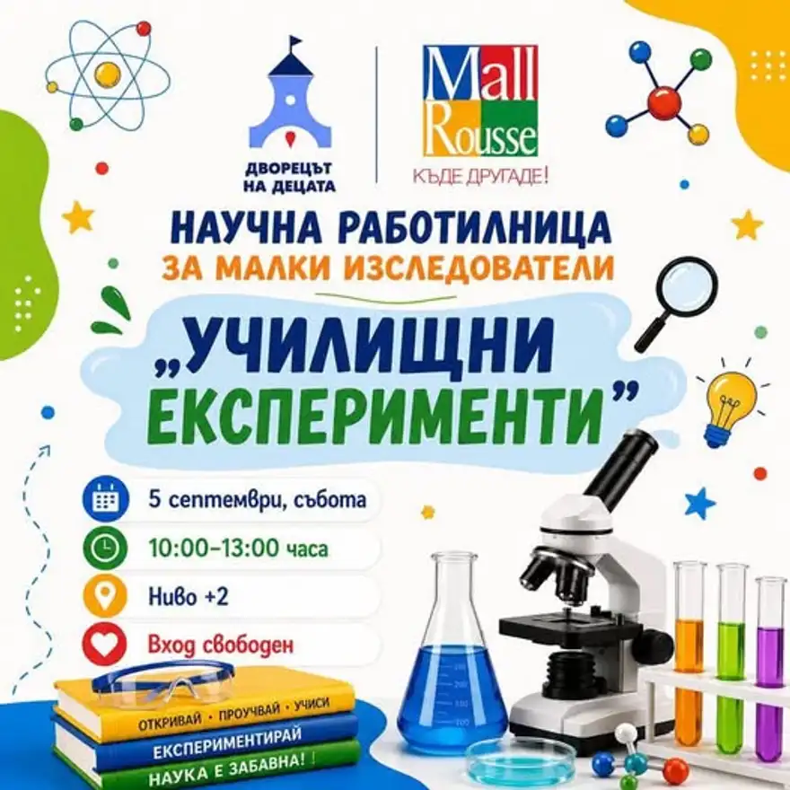 Плакат „Научна работилница за малки изследователи: Училищни експерименти“ с микроскоп, епруветки и колба