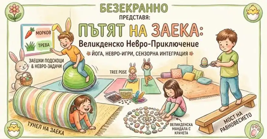 Рисувана афиша с деца, които се катерят през тунел, балансират на топка и рисуват с крачета, с надпис „Пътят на Заека“.